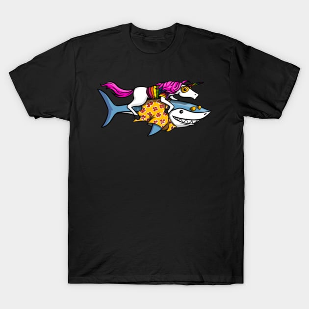 Funny Unicorn Riding Ocean Shark T-Shirt by Nulian Sanchez